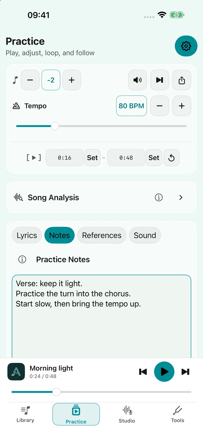AudioShift Practice on iPhone, showing tempo, transposition, a selected passage and practice notes.