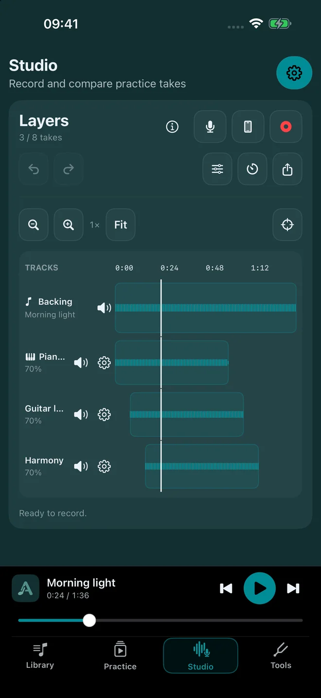 AudioShift Studio on iPhone, with layered recorded takes.