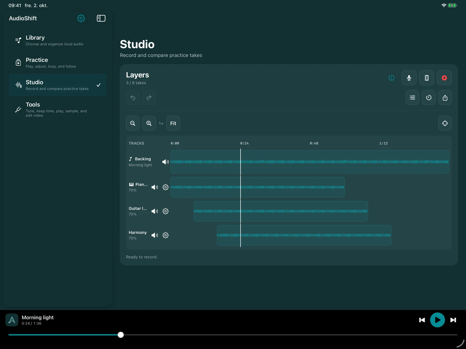 AudioShift Studio on iPad with backing audio, waveforms, several takes and input controls.