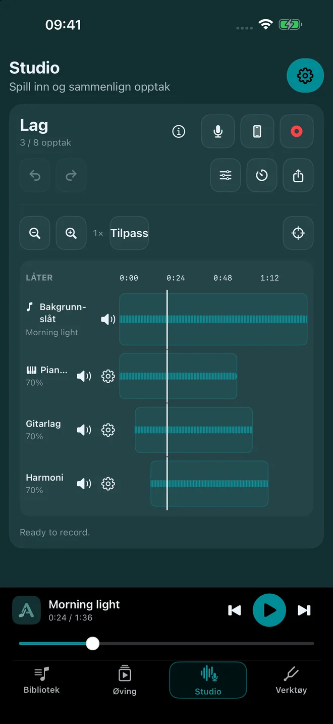 AudioShift Studio på iPhone med flere innspilte lag.