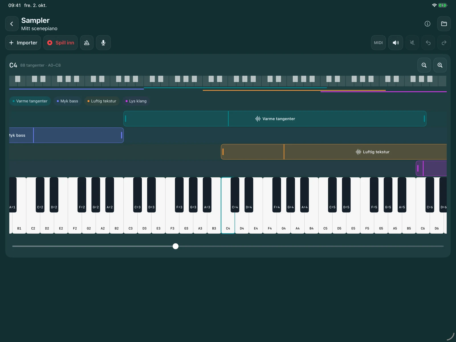 AudioShift Sampler på iPad: fargede lydlag fordelt på ulike områder over et keyboard med 88 tangenter.